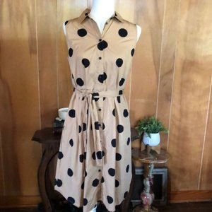 Who What Wear Cotton Tan w/Black Polka Dot Belted Button Down Dress Sz Small